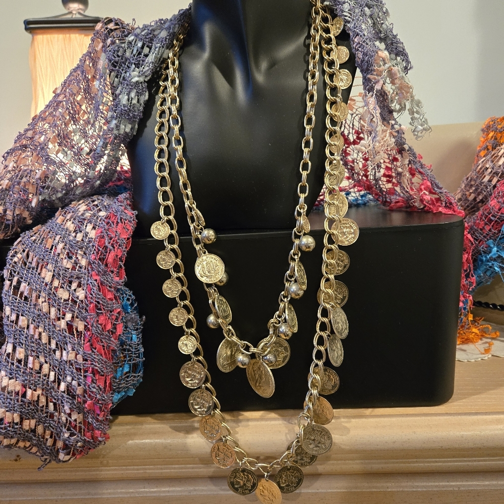 Two Vintage, Retro, Chanel-esque Goldtone Coin Necklaces, 70s-80s